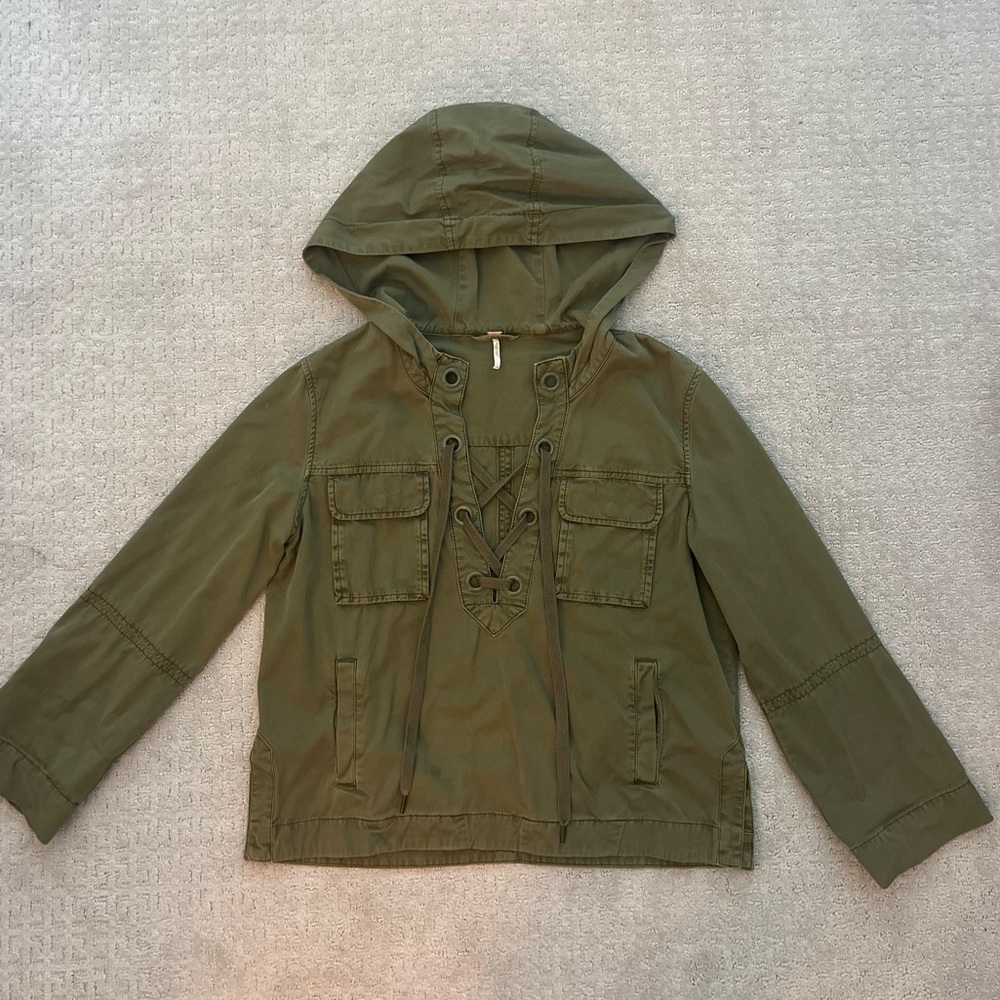 Free People Oversized Safari Military Top Lace Up Plunge Hoodie